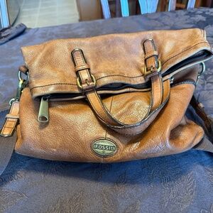 Fossil Explorer Large Brown Leather Fold Over Messenger Tote Crossbody Bag